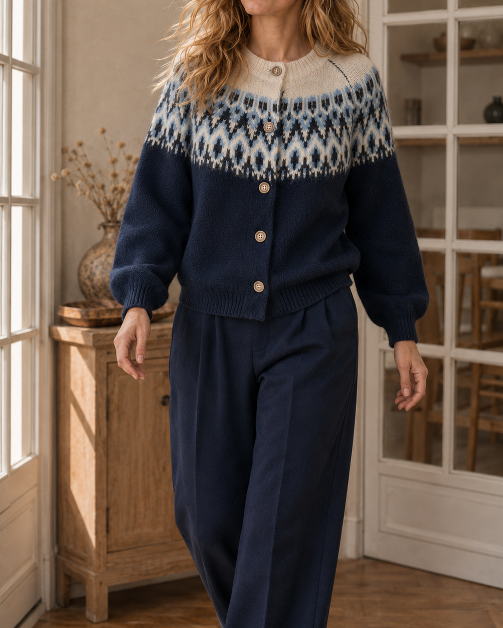 Gilet Astrid imprimé jacquard – bleu marine – Beautiful Shop