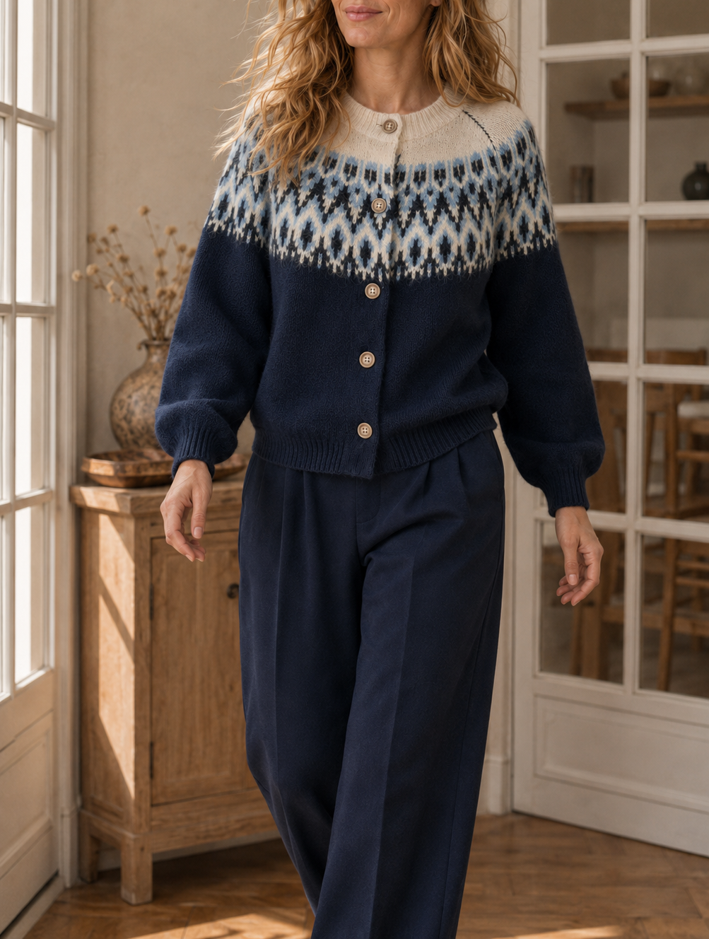 Gilet Astrid imprimé jacquard – bleu marine – Beautiful Shop