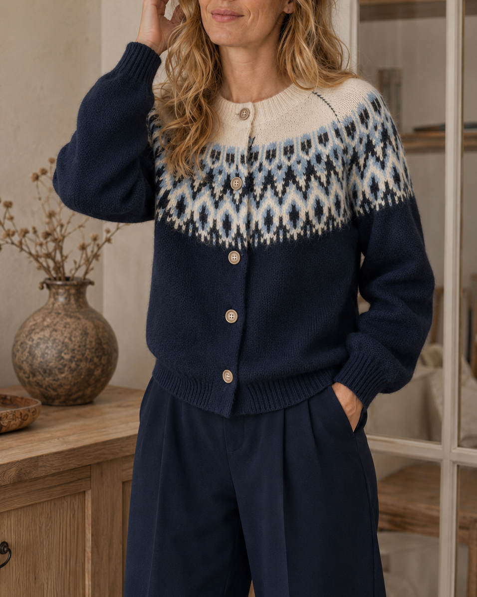 Gilet Astrid imprimé jacquard – bleu marine – Beautiful Shop