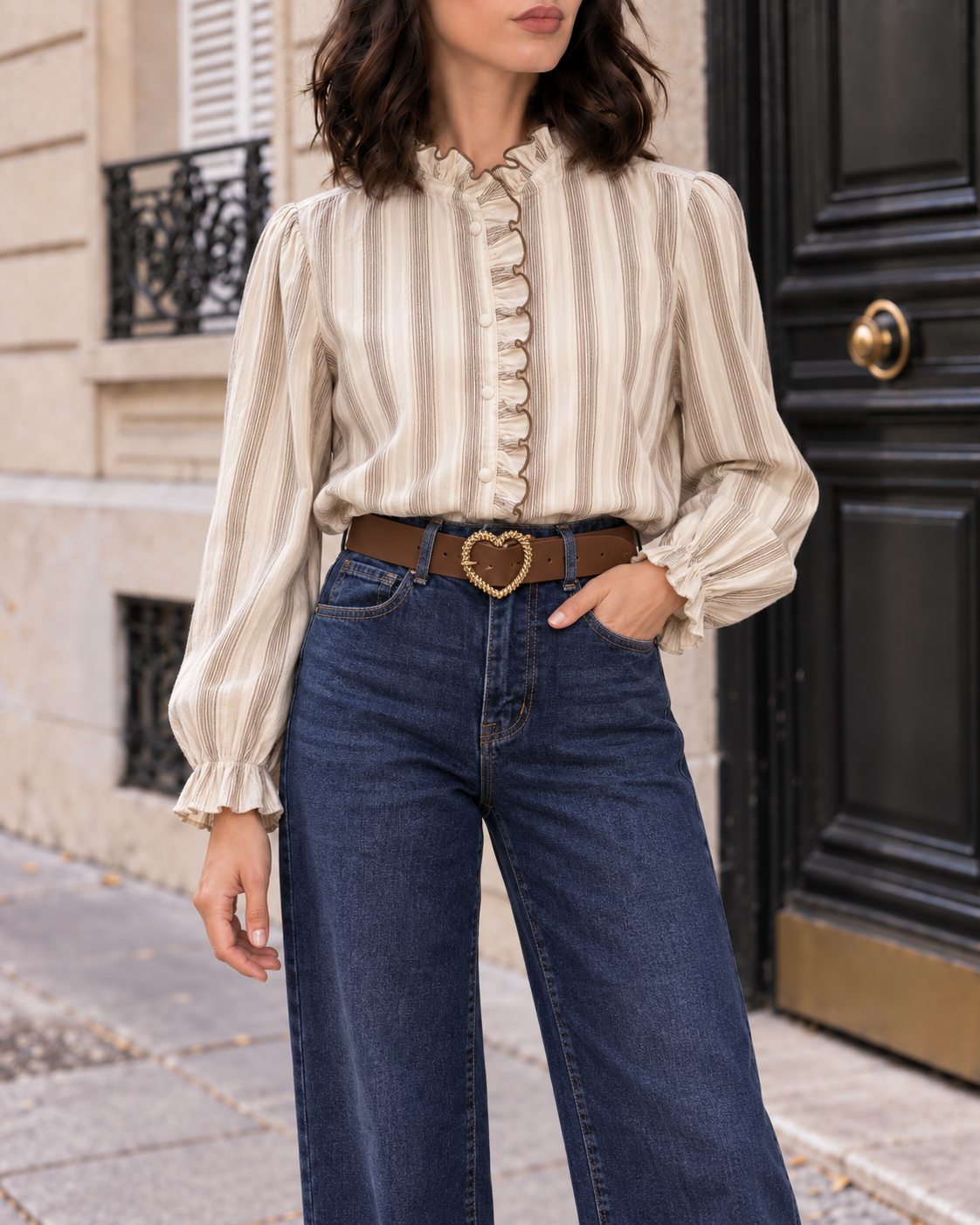 Jean droit Céleste avec ceinture cœur – bleu et Chemisier Inès à rayures bleu marine – écru – Beautiful Shop