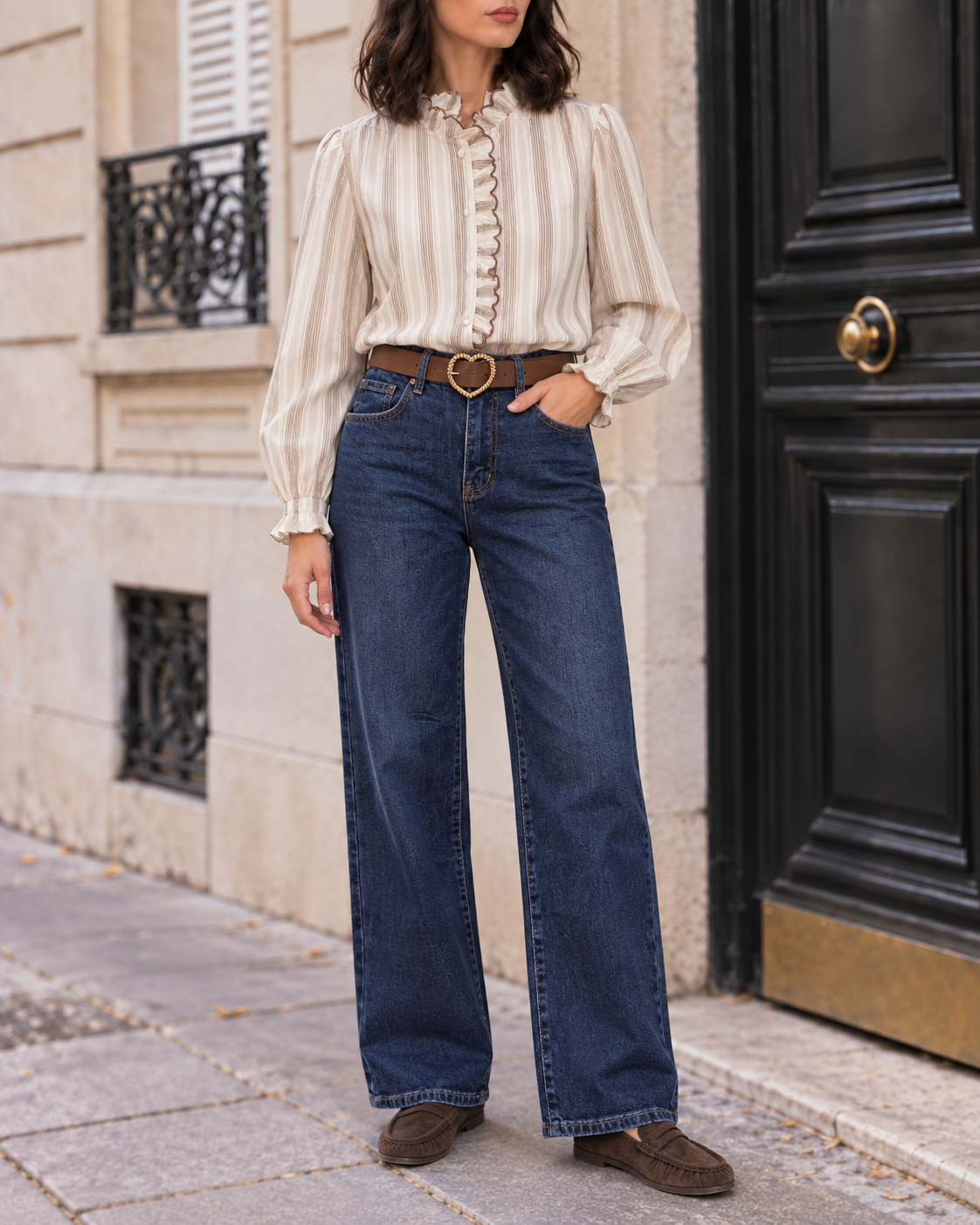 Jean droit Céleste avec ceinture cœur – bleu et Chemisier Inès à rayures bleu marine – écru – Beautiful Shop