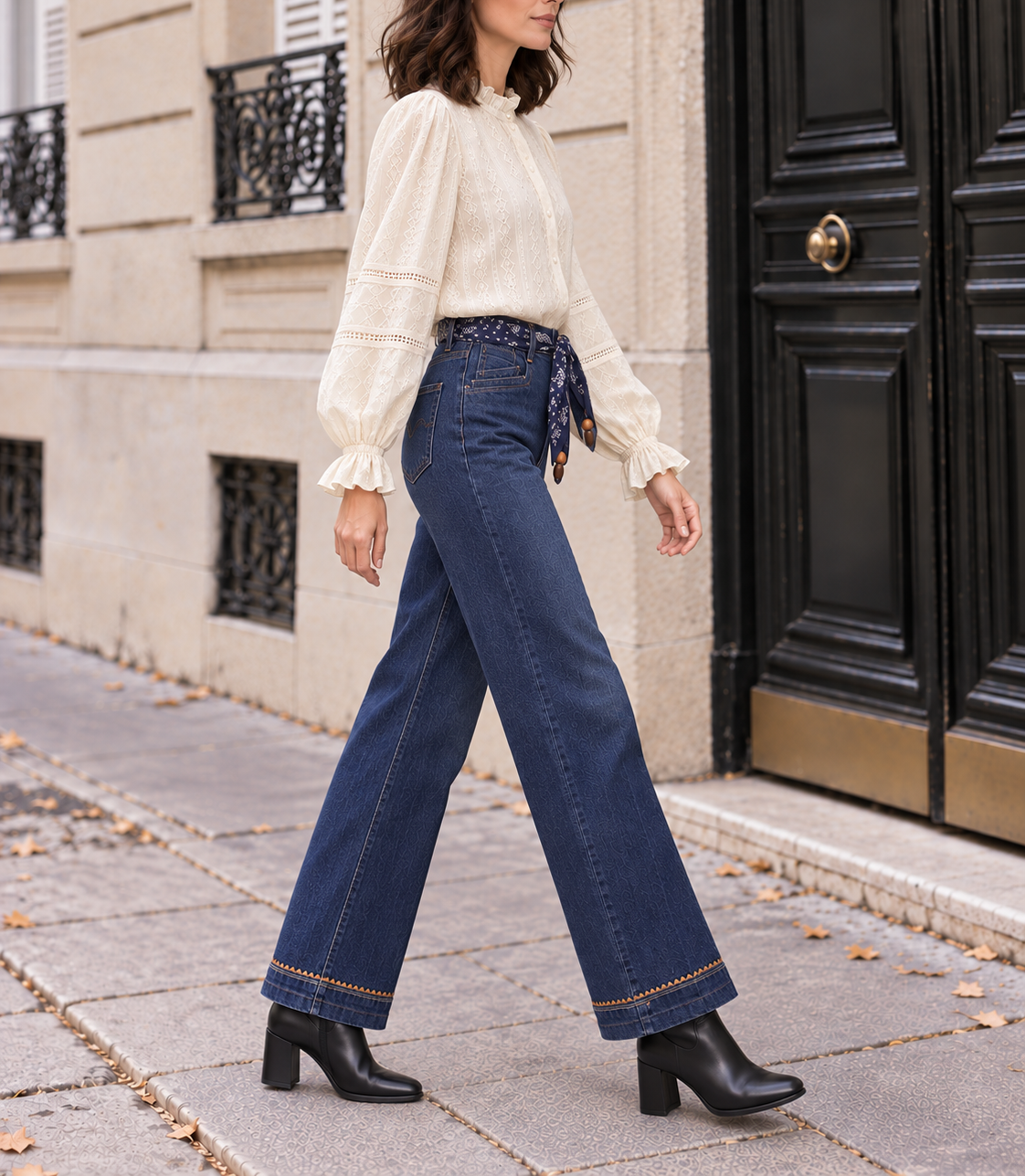 Jean wide leg Louise avec ceinture foulard – bleu – Beautiful Shop