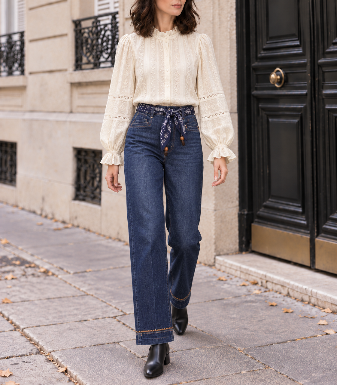 Jean wide leg Louise avec ceinture foulard – bleu – Beautiful Shop