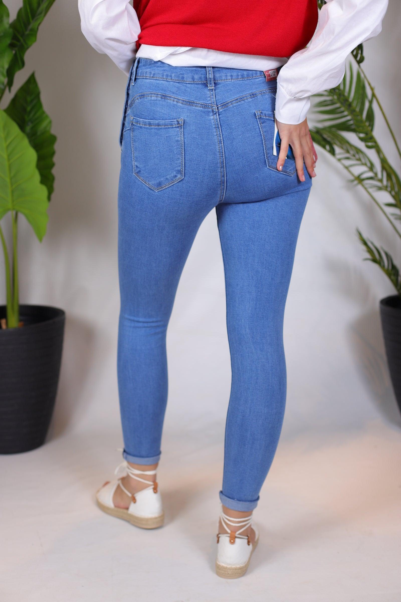 Jeans bleu taille haute détail boutons à l'avant - beautifulshop