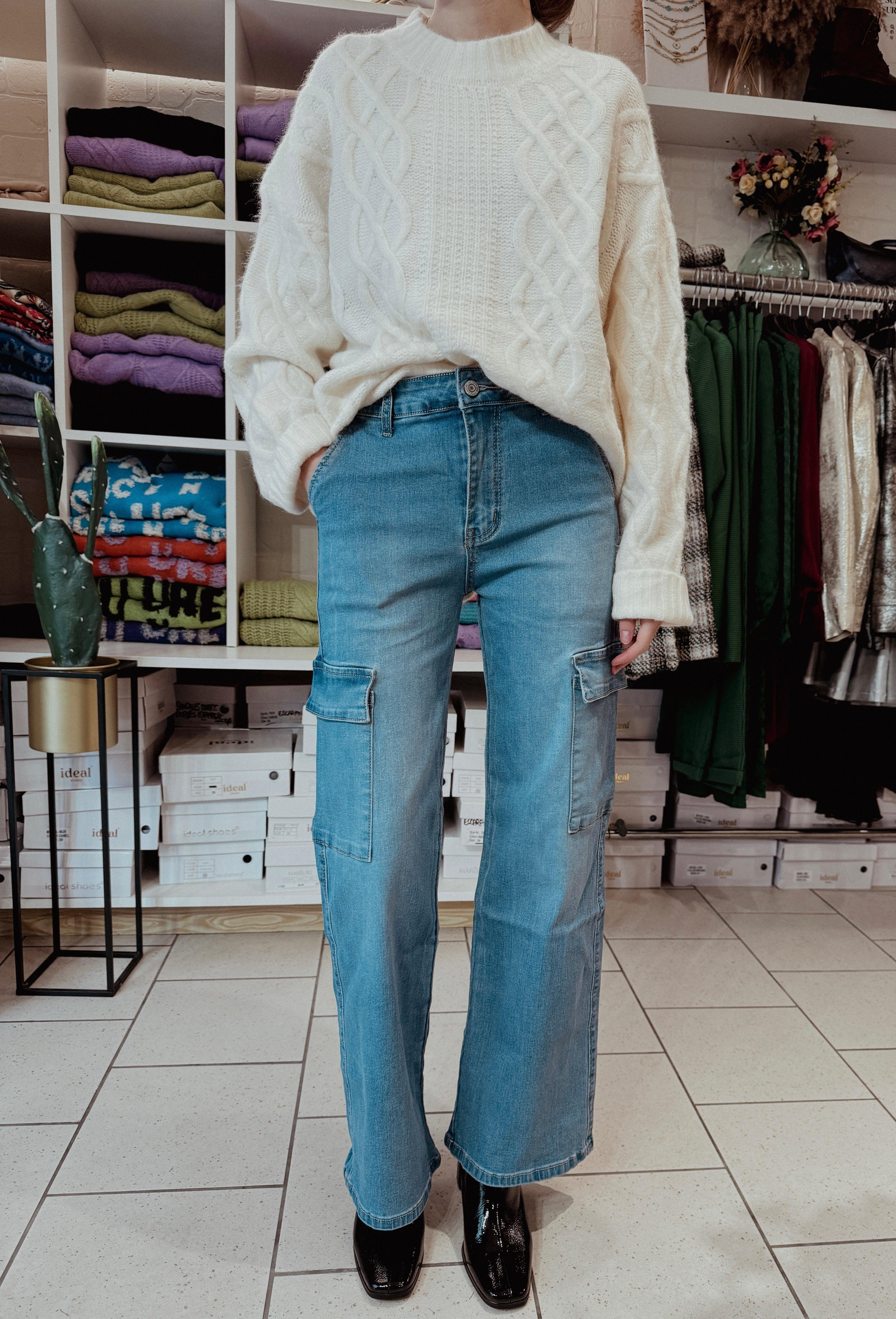 Jeans cargo coupe droite bleu - beautifulshop