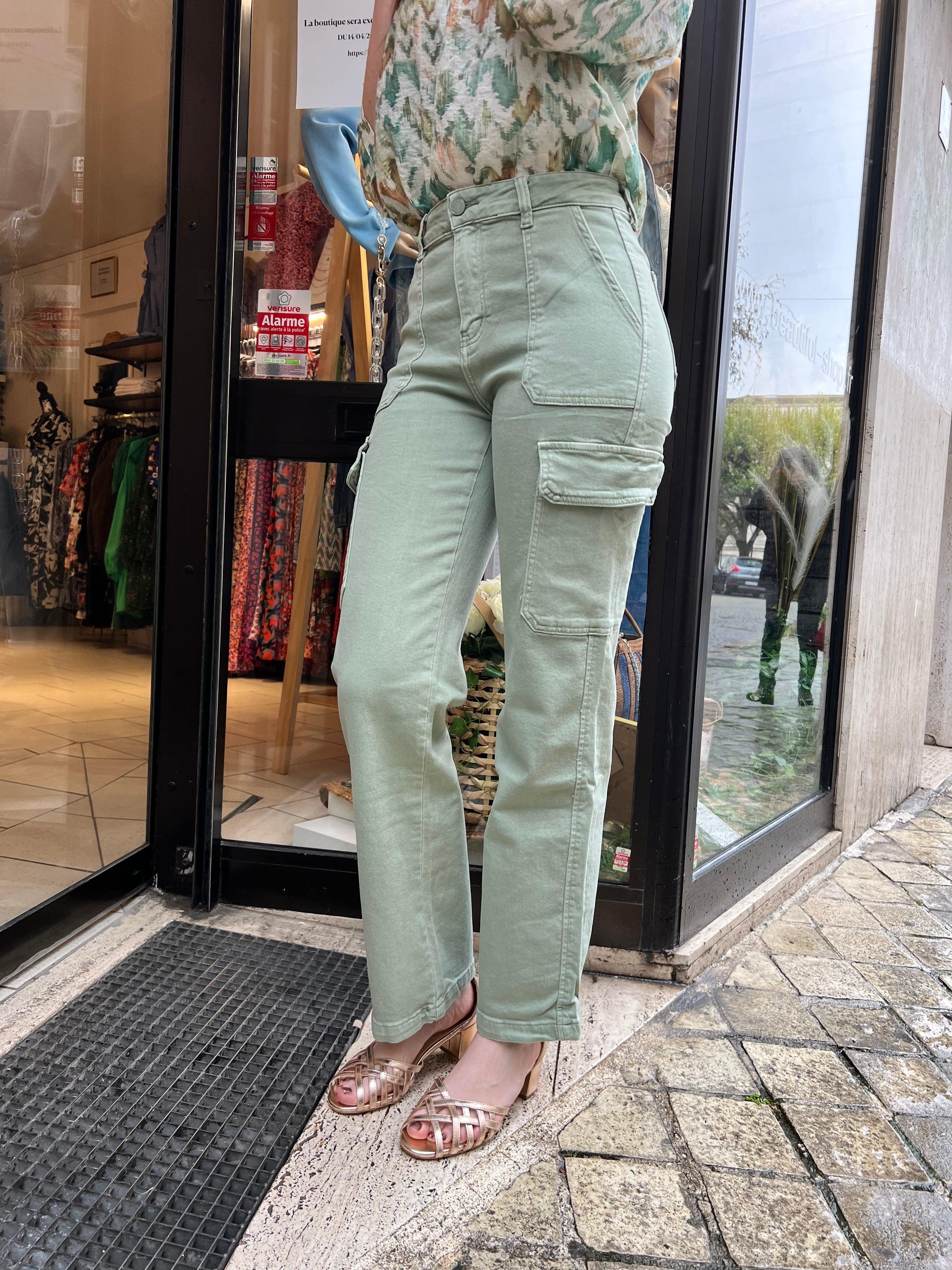 Jeans cargo coupe droite kaki - beautifulshop