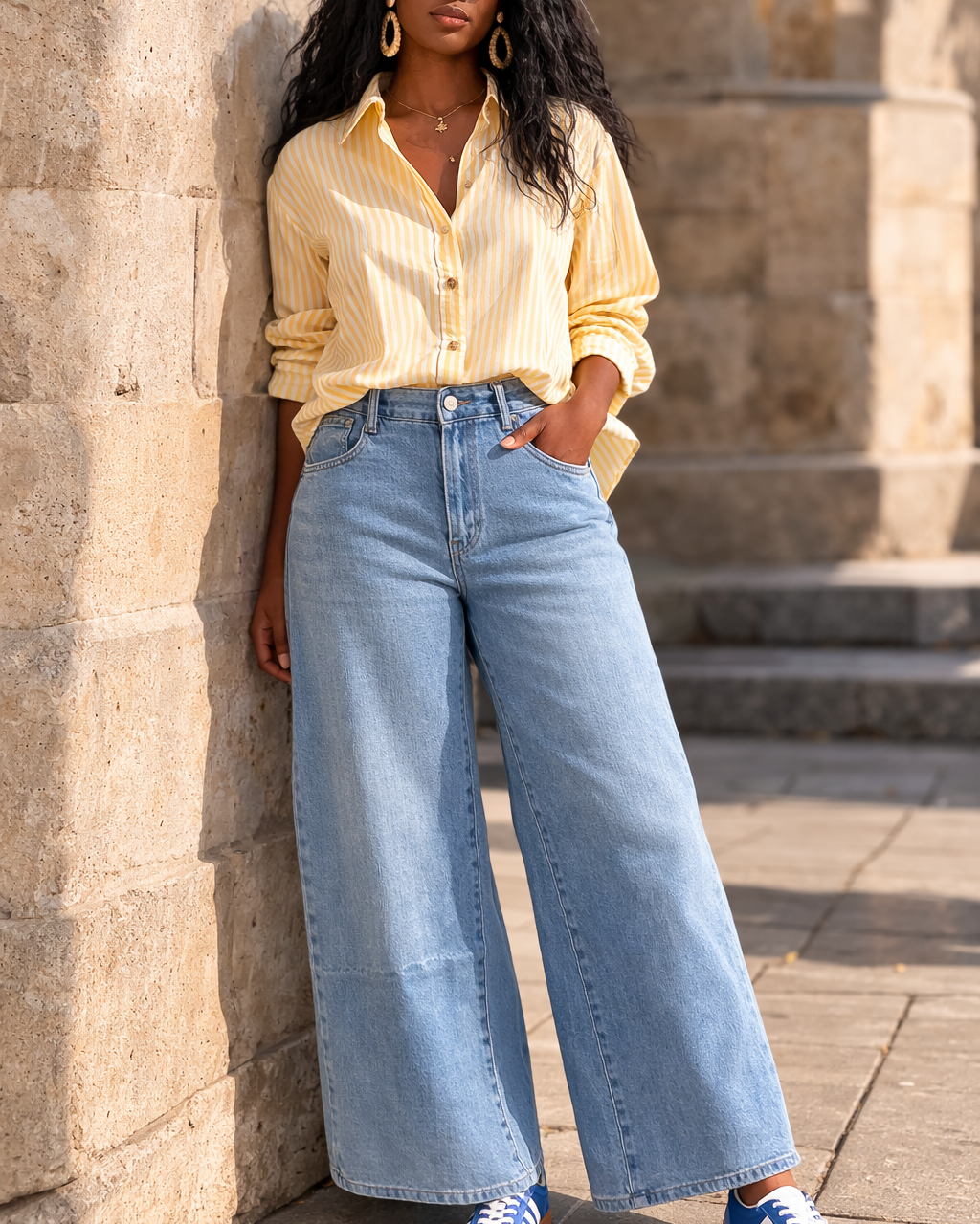 jean barrel femme taille haute bleu clair Lowen denim stretch