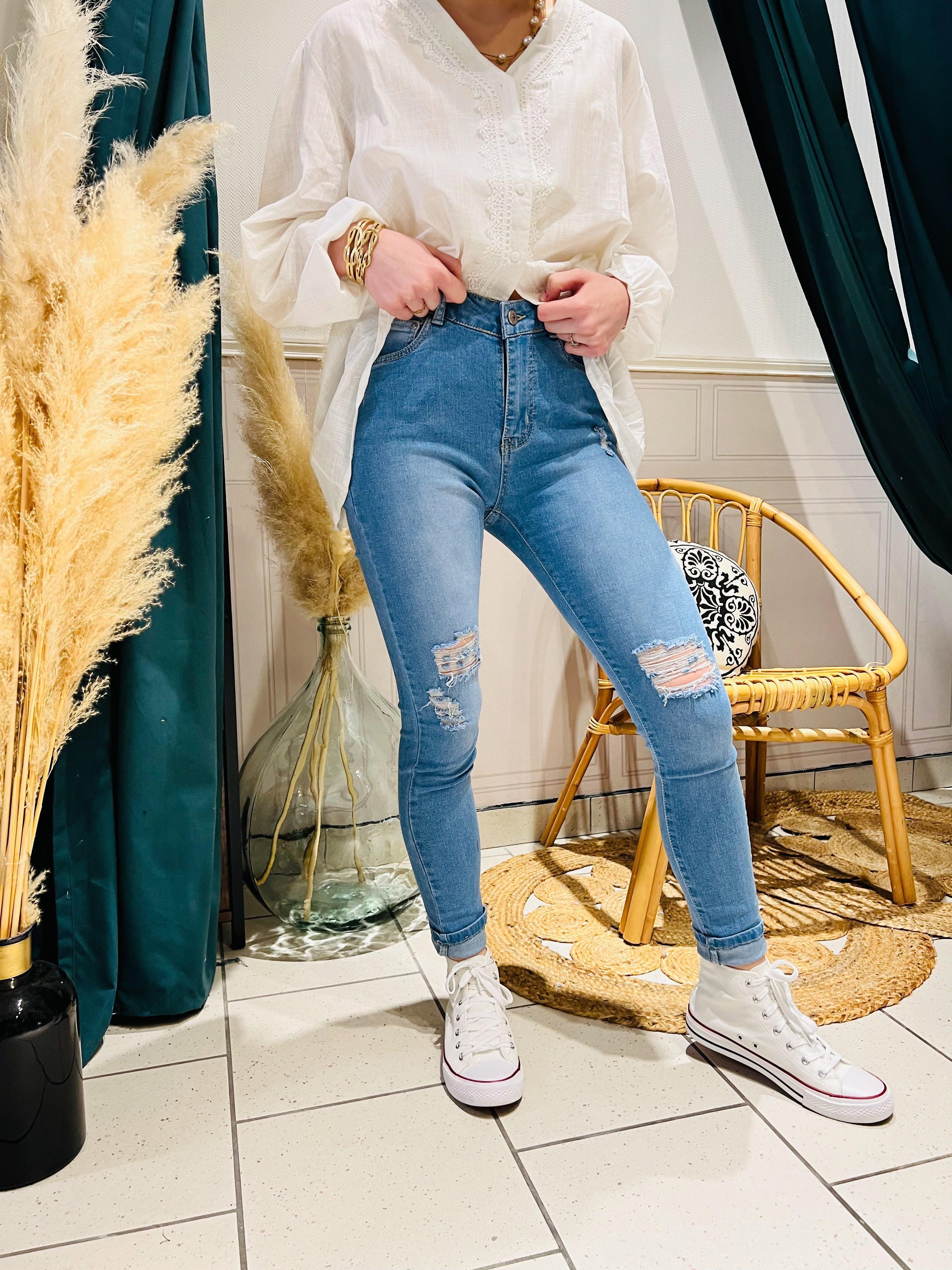 Jeans femme slim bleu destroy - beautifulshop