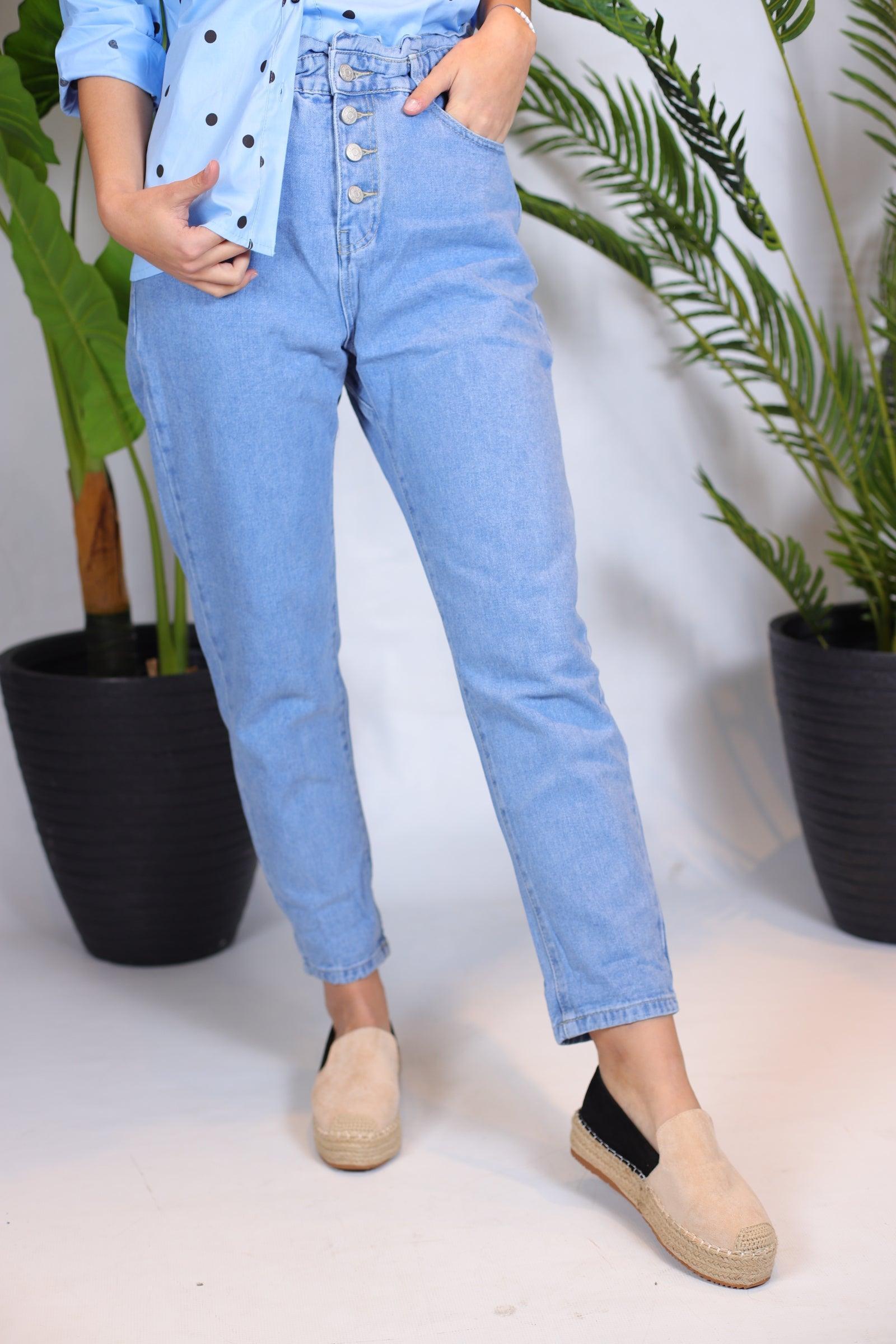 jeans Mom bleu élastique à la taille - beautifulshop