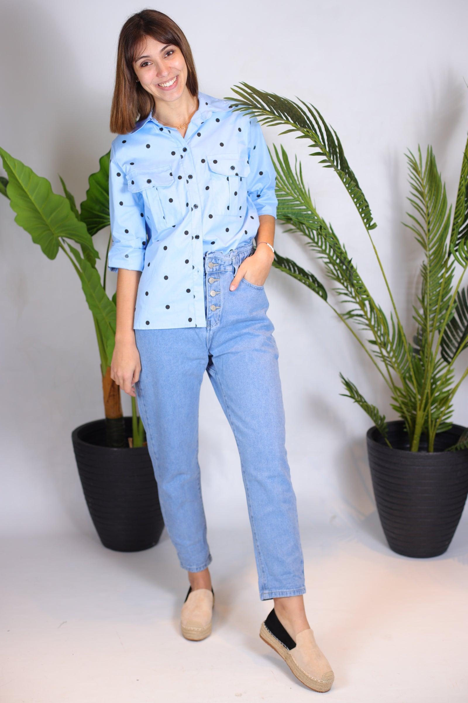 jeans Mom bleu élastique à la taille - beautifulshop