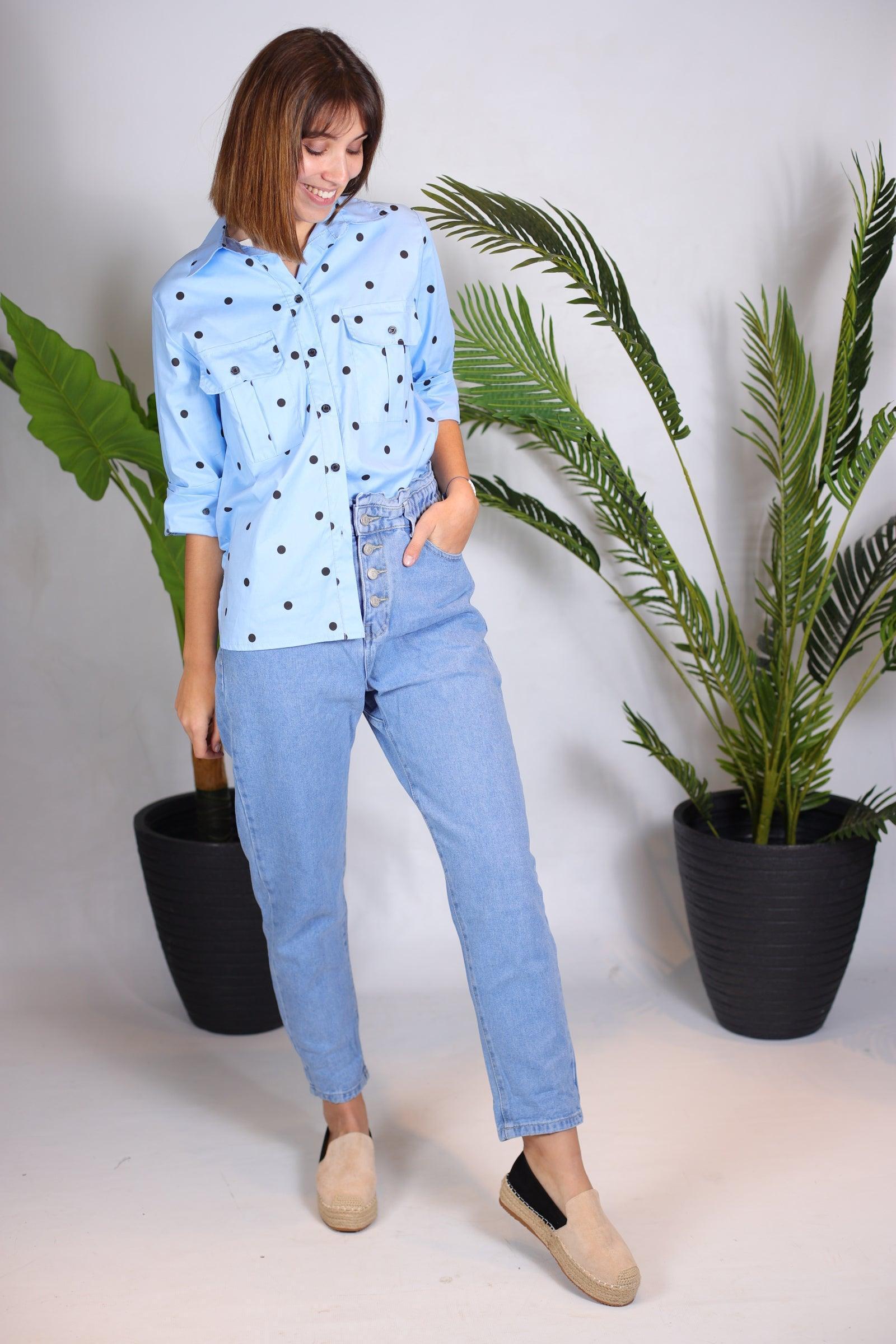 jeans Mom bleu élastique à la taille - beautifulshop