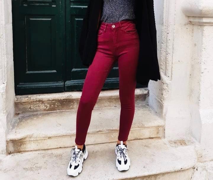 Jeans rouge bordeau taille haute - beautifulshop