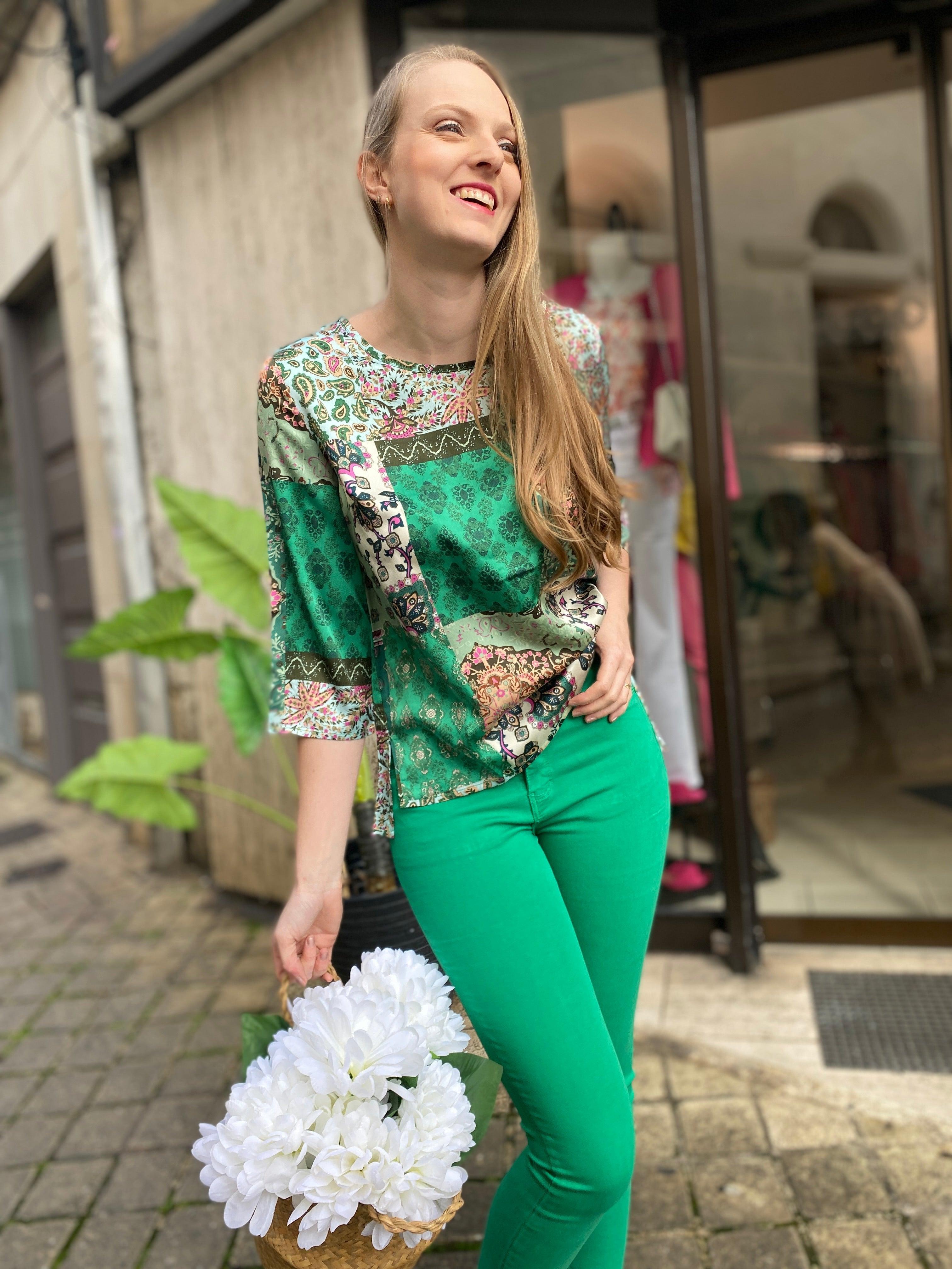 Jeans slim taille haute couleur vert en coton - beautifulshop