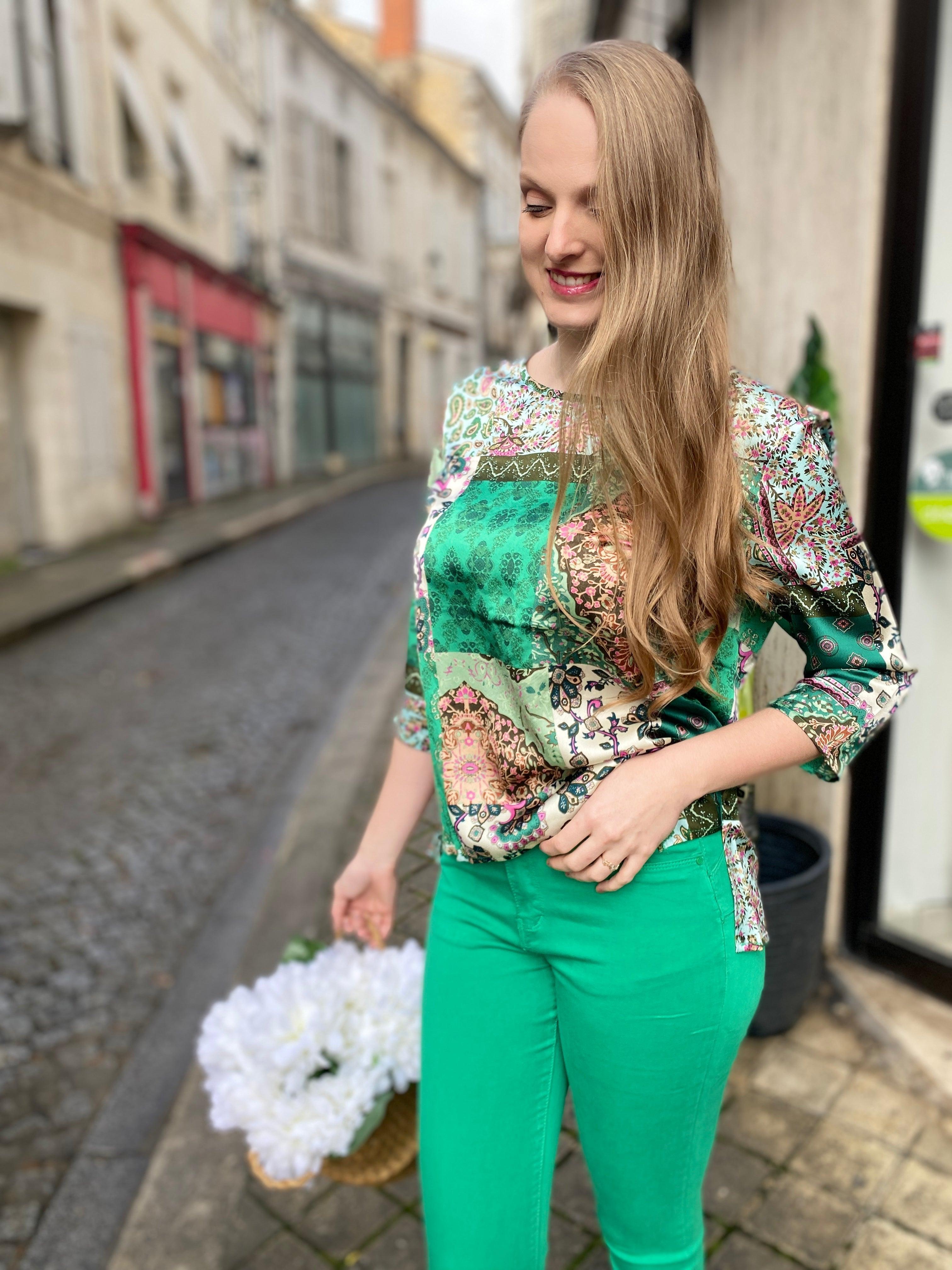 Jeans slim taille haute couleur vert en coton - beautifulshop