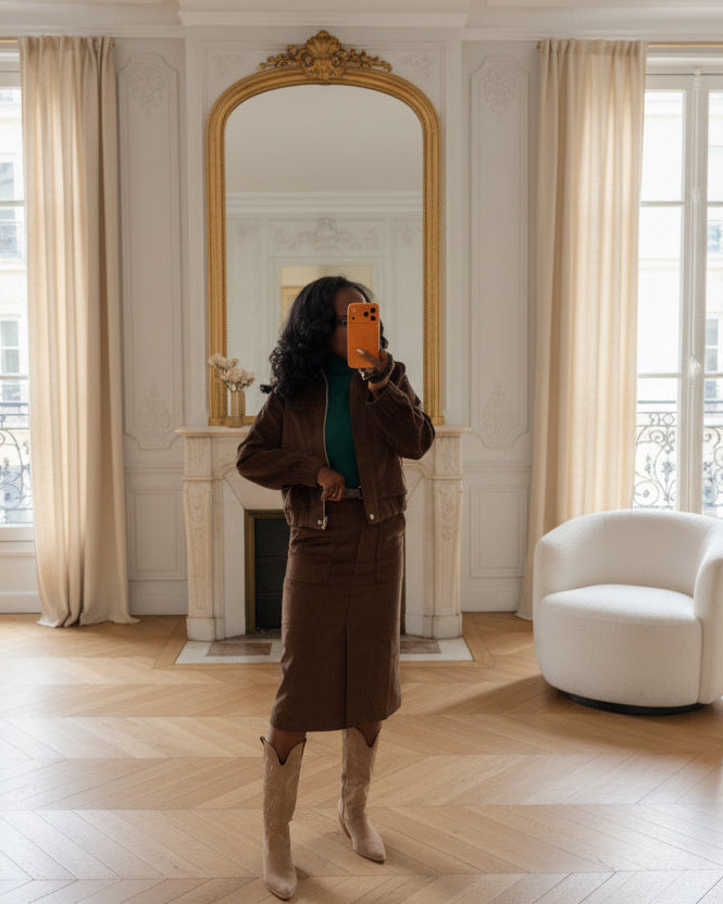 Jupe droite en velours café avec ceinture – Beautiful Shop