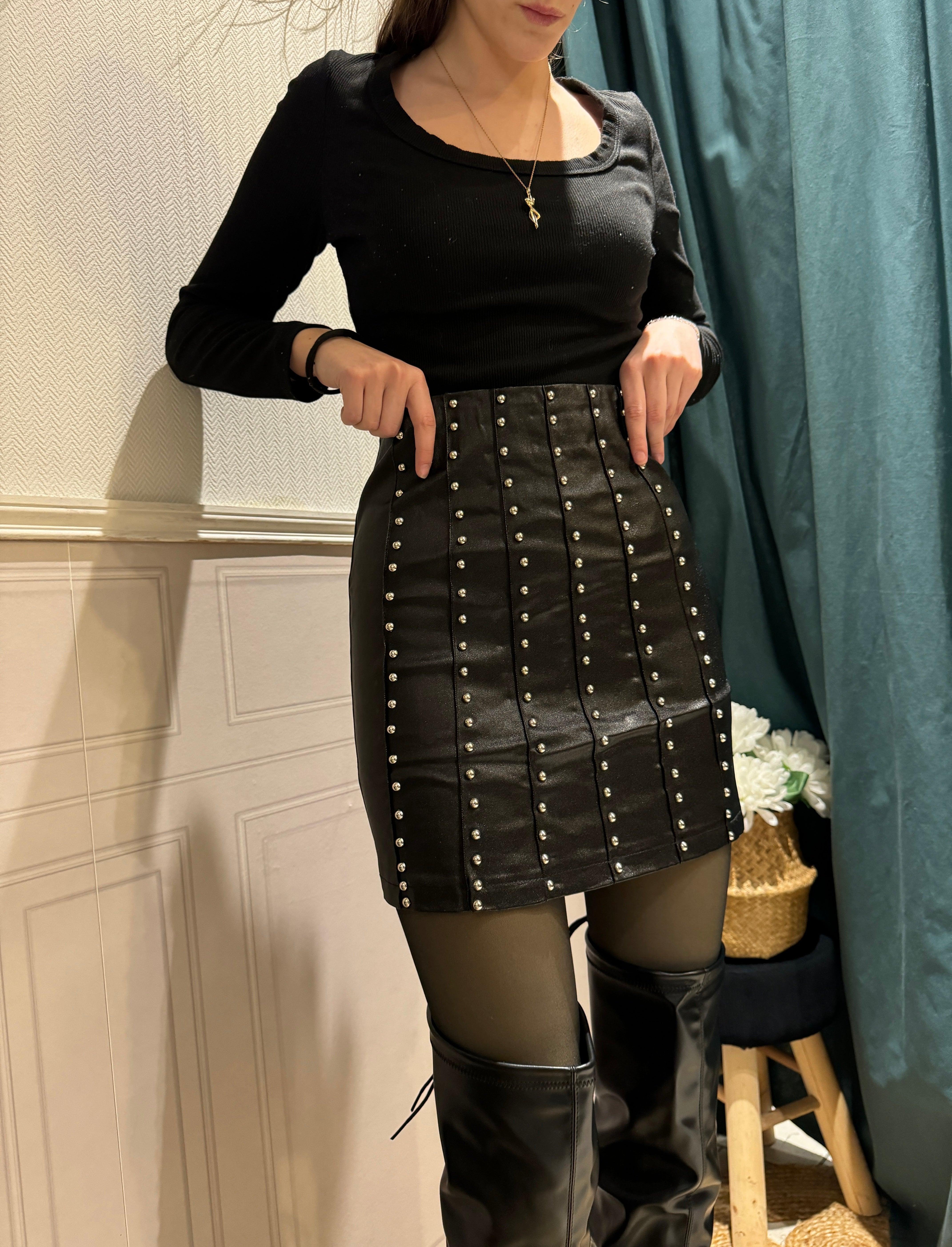 Jupe en Similicuir Noir Orné de Strass - beautifulshop