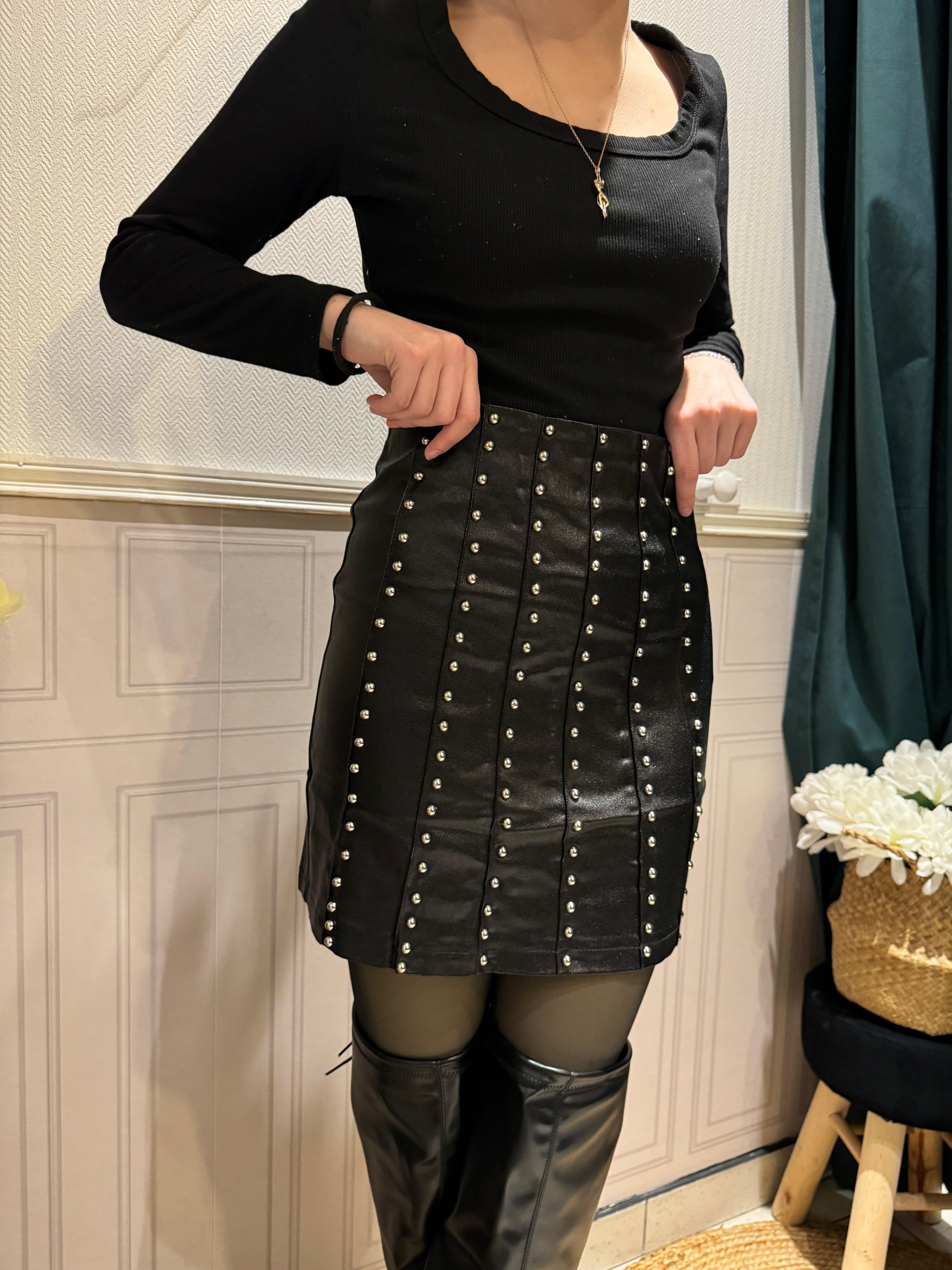 Jupe en Similicuir Noir Orné de Strass - beautifulshop