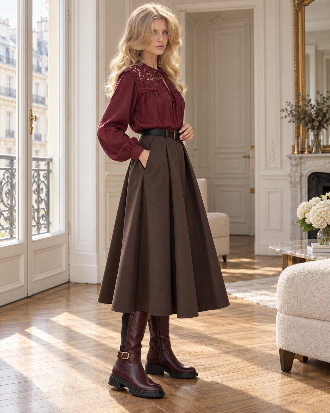 Jupe midi Juliette avec ceinture – chocolat – Beautiful Shop