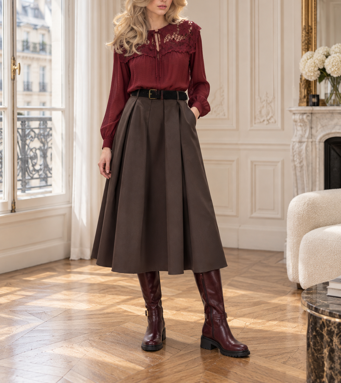 Jupe midi Juliette avec ceinture – chocolat – Beautiful Shop