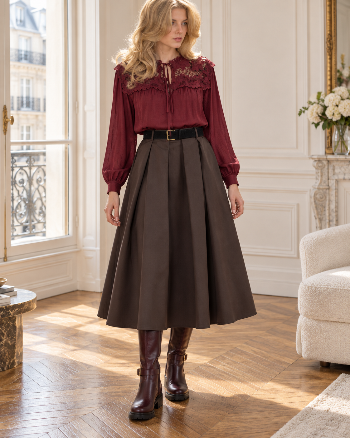 Jupe midi Juliette avec ceinture – chocolat – Beautiful Shop
