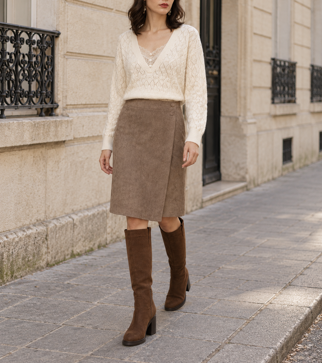Jupe portefeuille Albane en suédine – taupe – Beautiful Shop