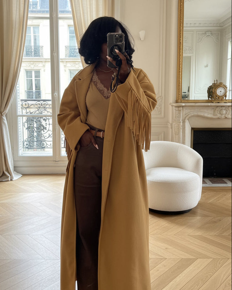 Manteau camel à franges – Beautiful Shop