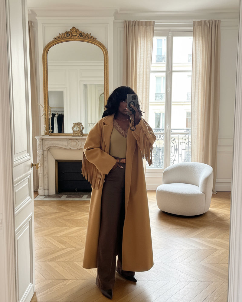 Manteau camel à franges – Beautiful Shop