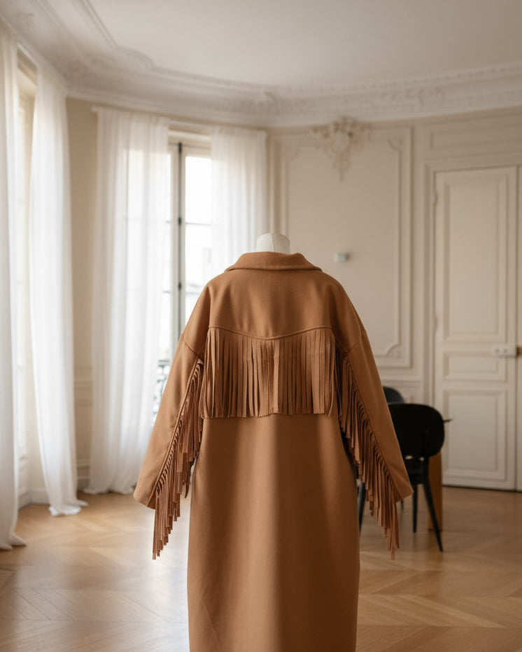 Manteau camel à franges – Beautiful Shop