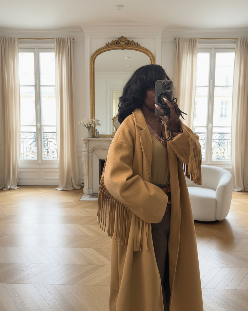 Manteau camel à franges – Beautiful Shop