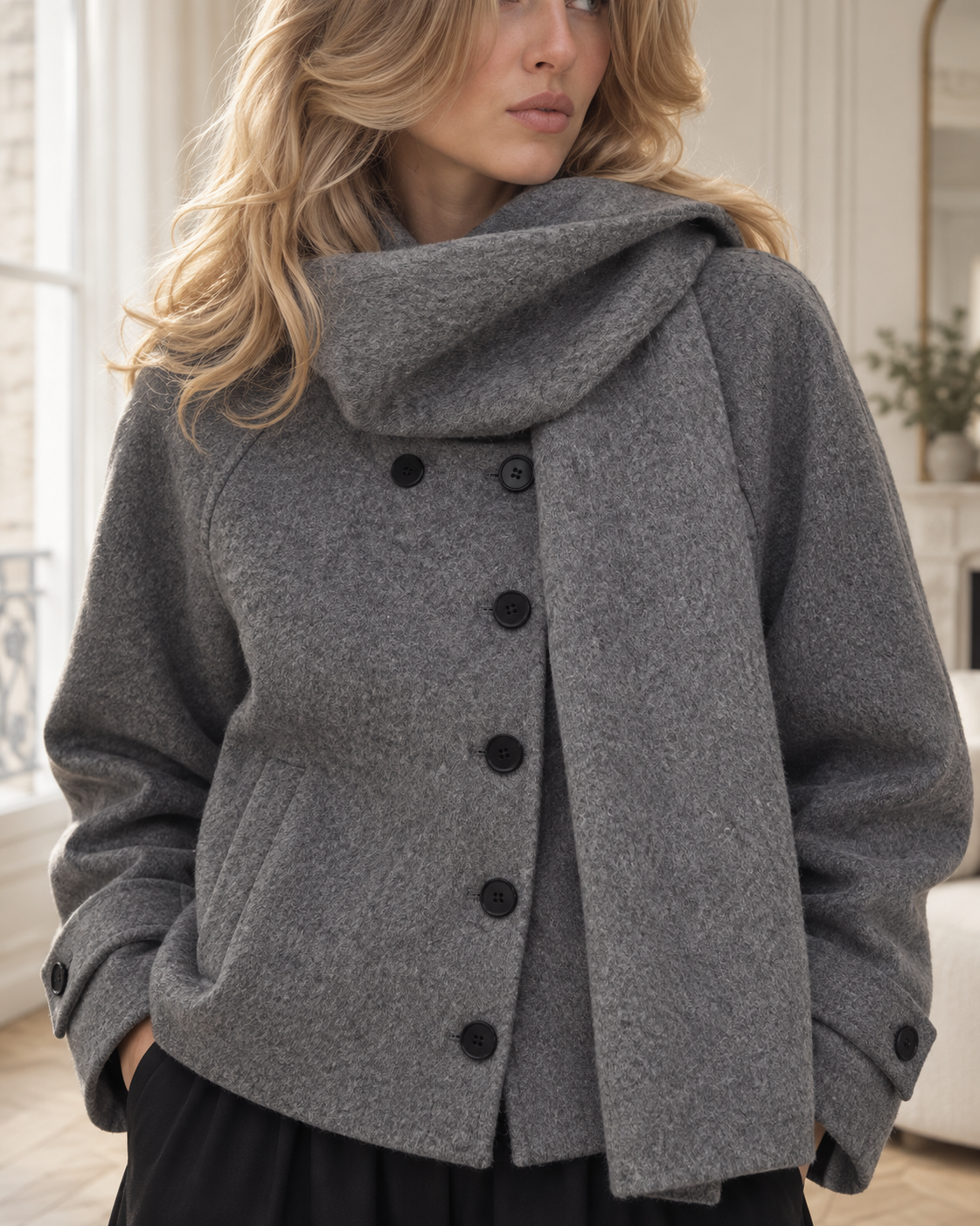 Manteau court à écharpe intégrée Gaspard – gris – Beautiful Shop
