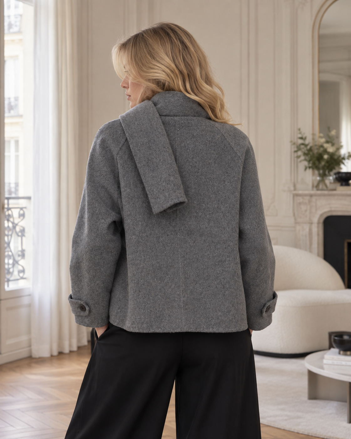 Manteau court à écharpe intégrée Gaspard – gris – Beautiful Shop