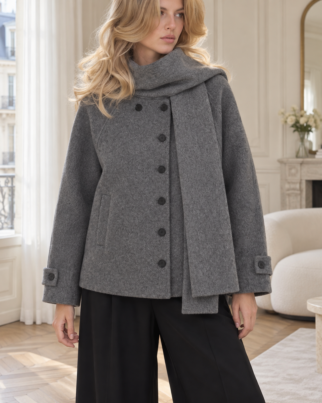 Manteau court à écharpe intégrée Gaspard – gris – Beautiful Shop