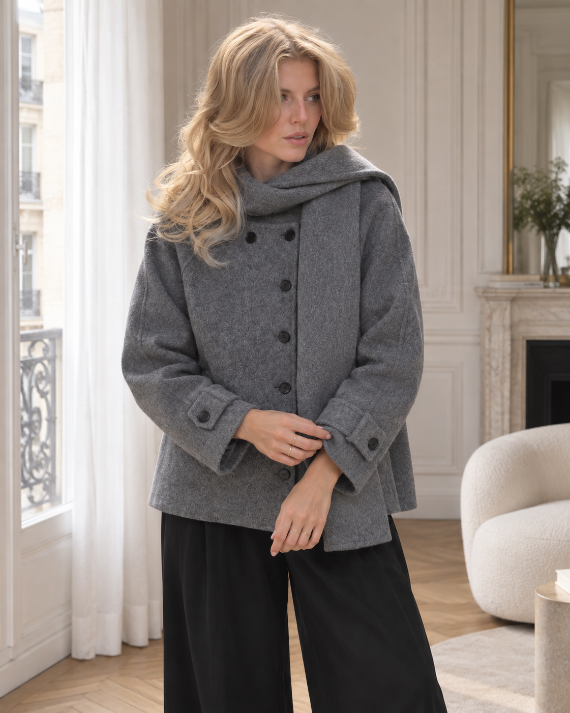 Manteau court à écharpe intégrée Gaspard – gris – Beautiful Shop