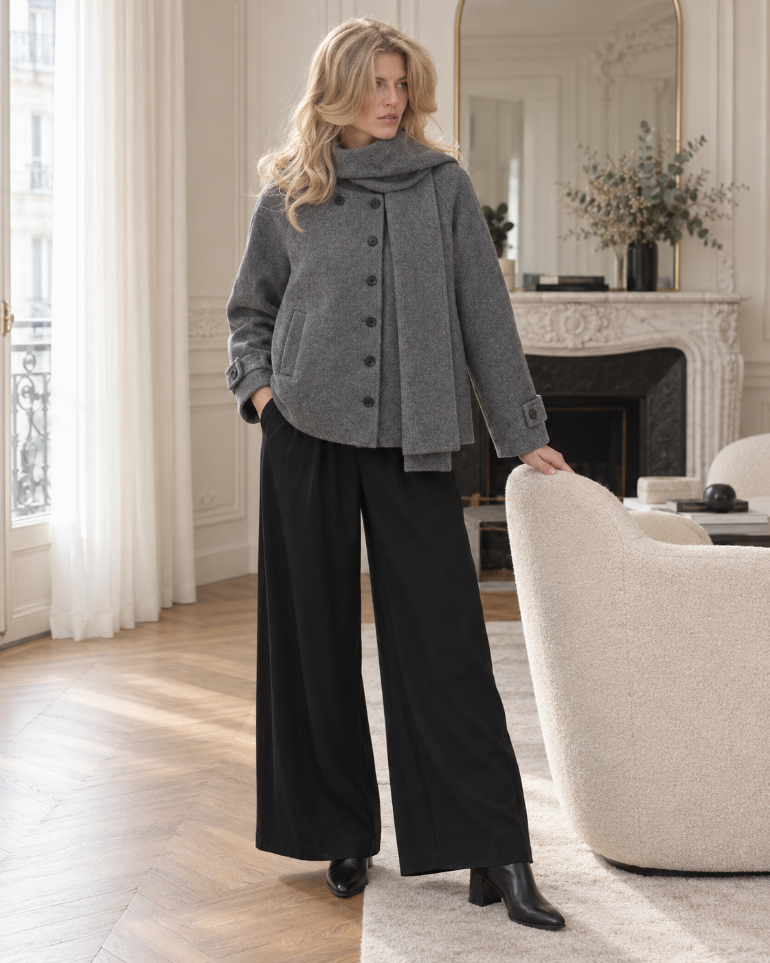 Manteau court à écharpe intégrée Gaspard – gris – Beautiful Shop