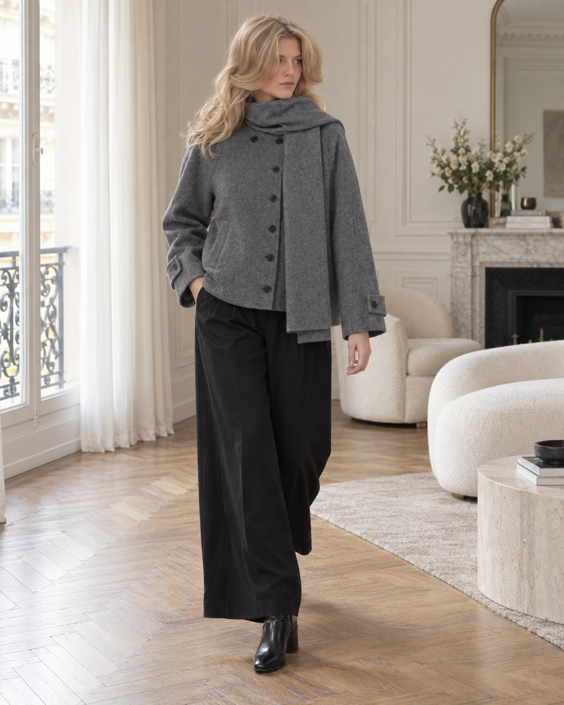Manteau court à écharpe intégrée Gaspard – gris – Beautiful Shop