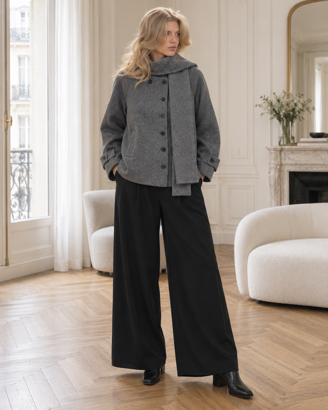 Manteau court à écharpe intégrée Gaspard – gris – Beautiful Shop