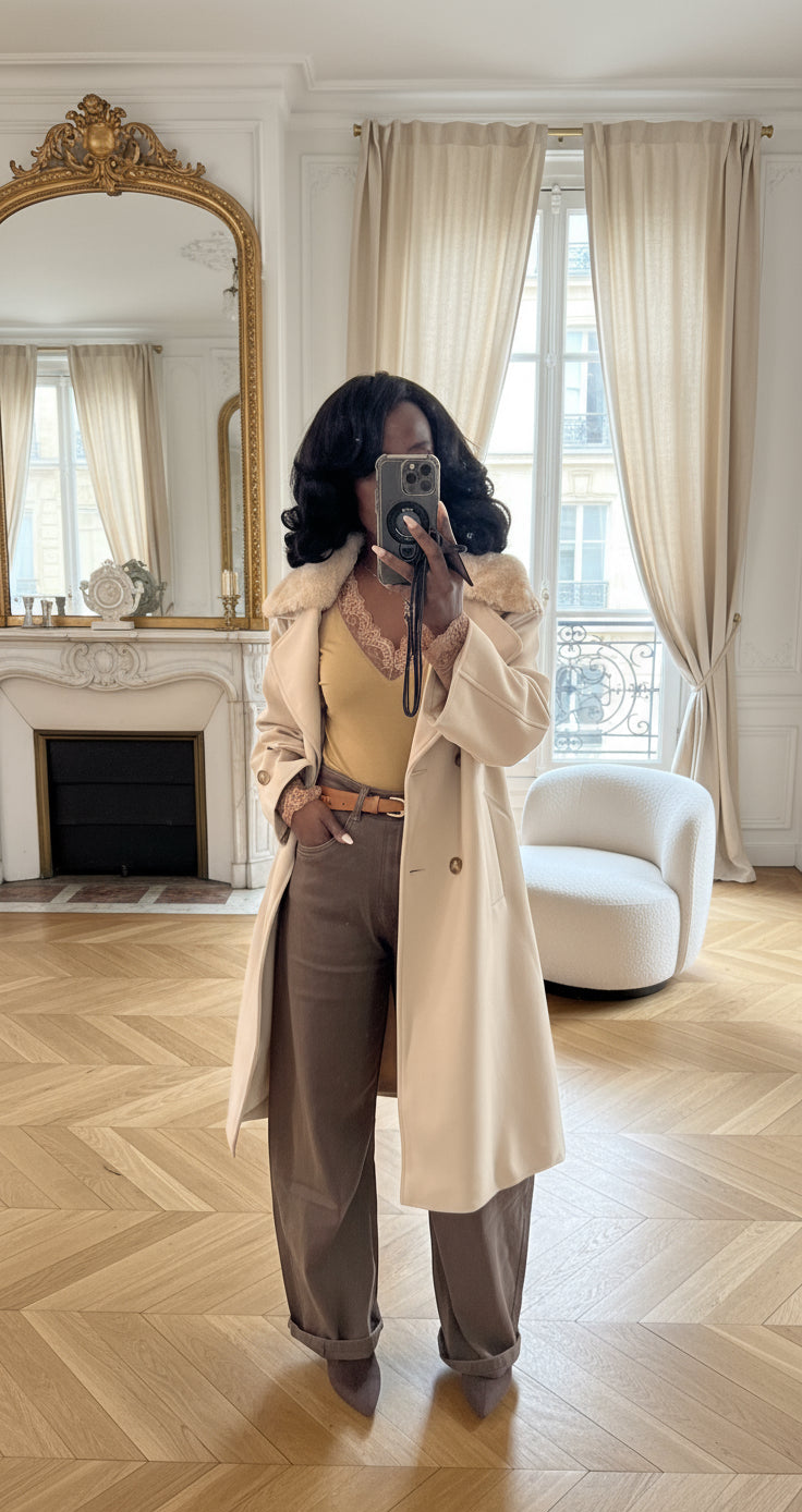 Manteau long beige à col en fausse fourrure amovible – Beautiful Shop