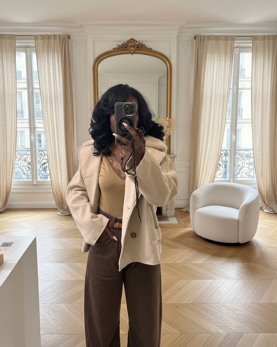 manteau court femme hiver, manteau col fausse fourrure beige, manteau élégant coupe droite, manteau chic automne hiver, veste femme double boutonnage