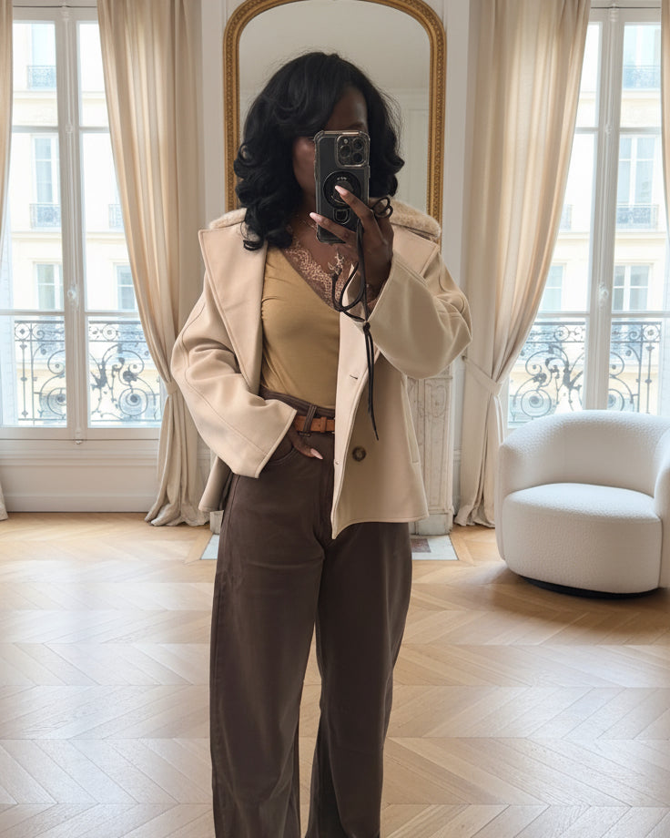 manteau court femme hiver, manteau col fausse fourrure beige, manteau élégant coupe droite, manteau chic automne hiver, veste femme double boutonnage