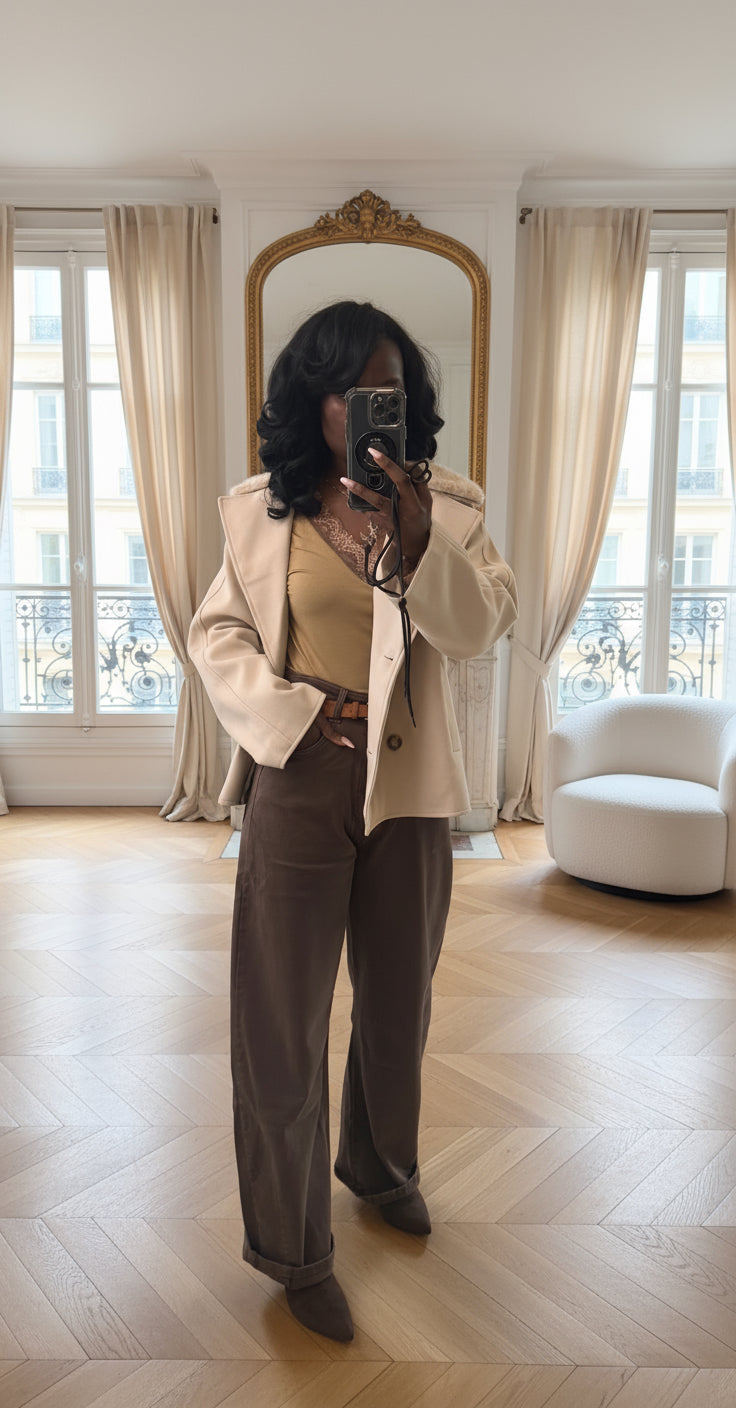 manteau court femme hiver, manteau col fausse fourrure beige, manteau élégant coupe droite, manteau chic automne hiver, veste femme double boutonnage