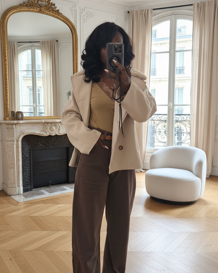 manteau court femme hiver, manteau col fausse fourrure beige, manteau élégant coupe droite, manteau chic automne hiver, veste femme double boutonnage