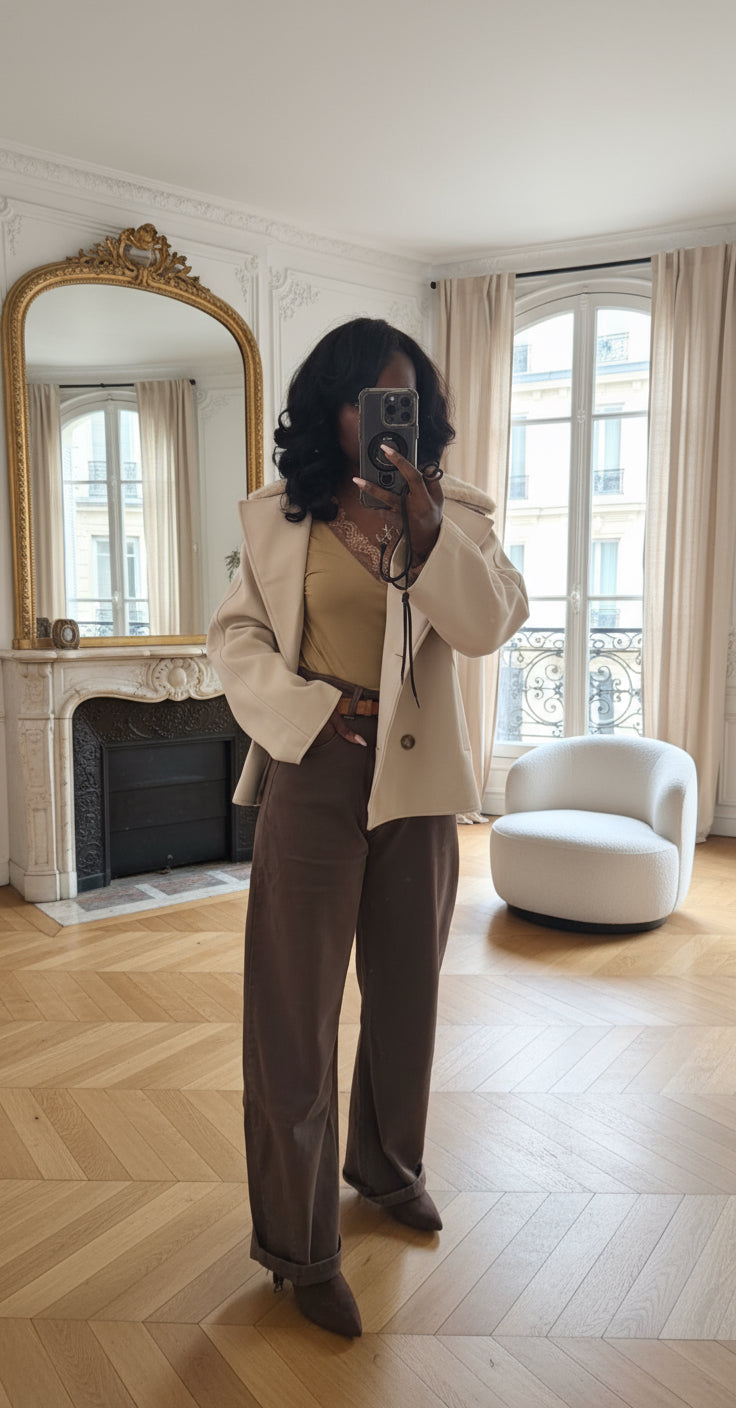 manteau court femme hiver, manteau col fausse fourrure beige, manteau élégant coupe droite, manteau chic automne hiver, veste femme double boutonnage