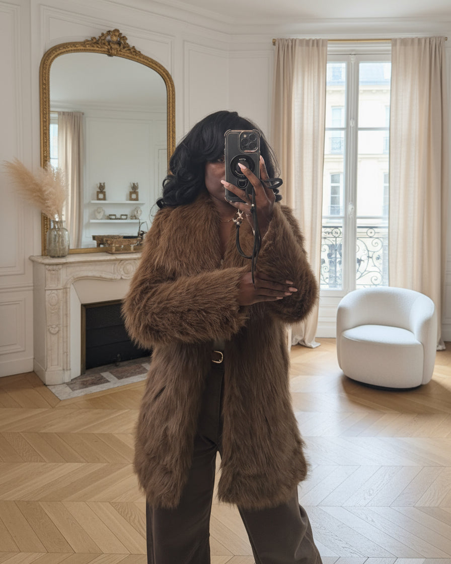 manteau fausse fourrure chocolat femme, manteau long fourrure hiver, manteau marron oversize chaud, manteau peluche tendance, fausse fourrure chic femme