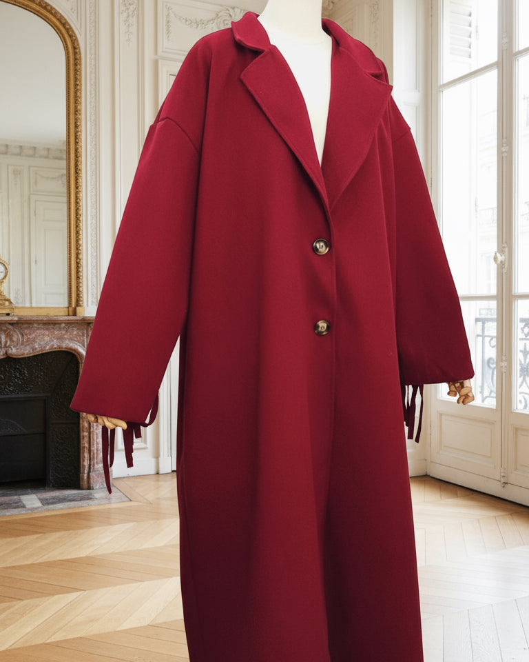 manteau franges bordeaux, manteau oversize femme, manteau western chic, manteau long italien, manteau tendance automne hiver, manteau frangé rouge