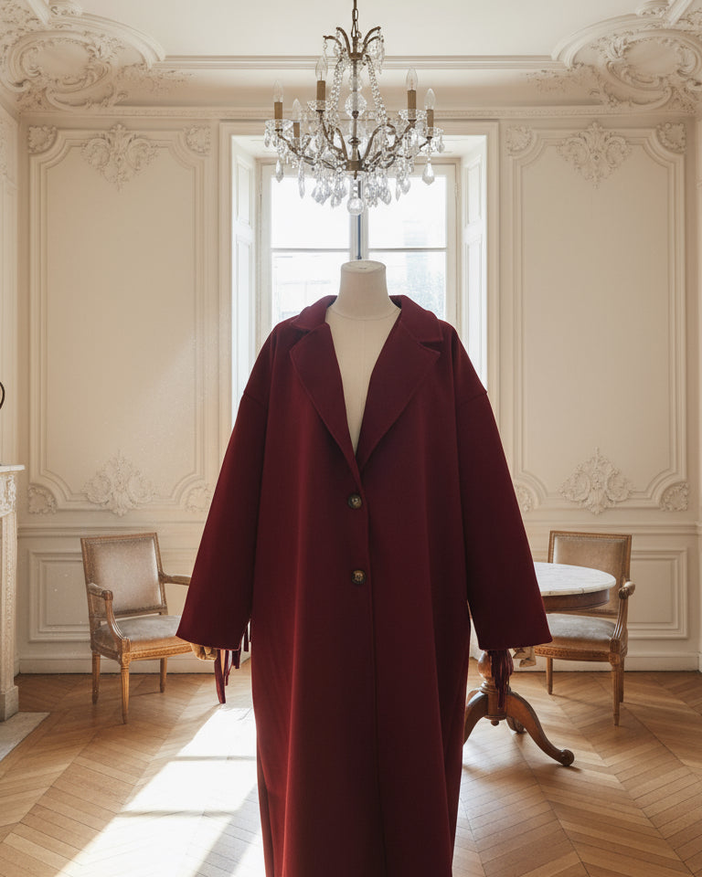 manteau franges bordeaux, manteau oversize femme, manteau western chic, manteau long italien, manteau tendance automne hiver, manteau frangé rouge