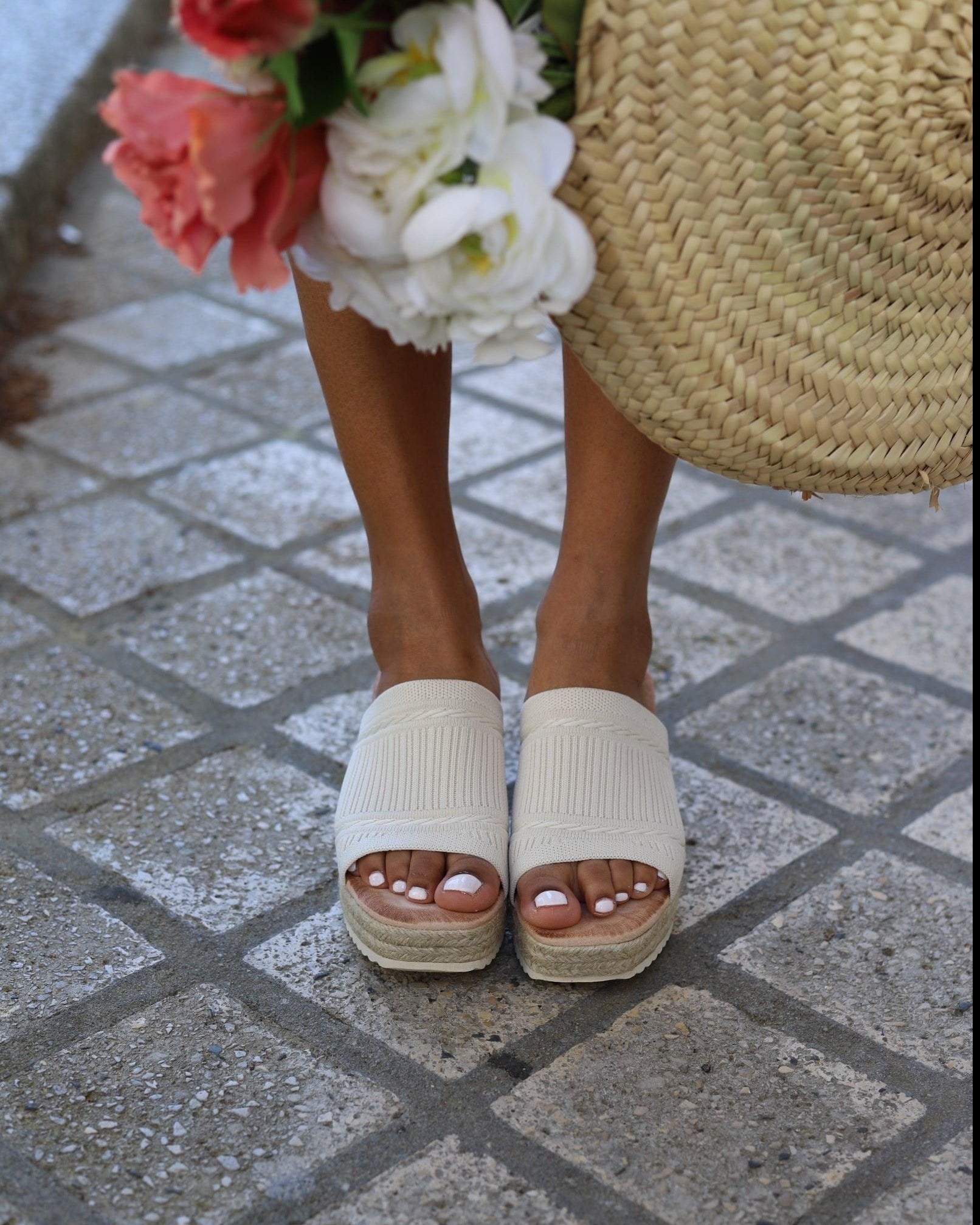 Mules à Plateforme Cordée Beige - beautifulshop