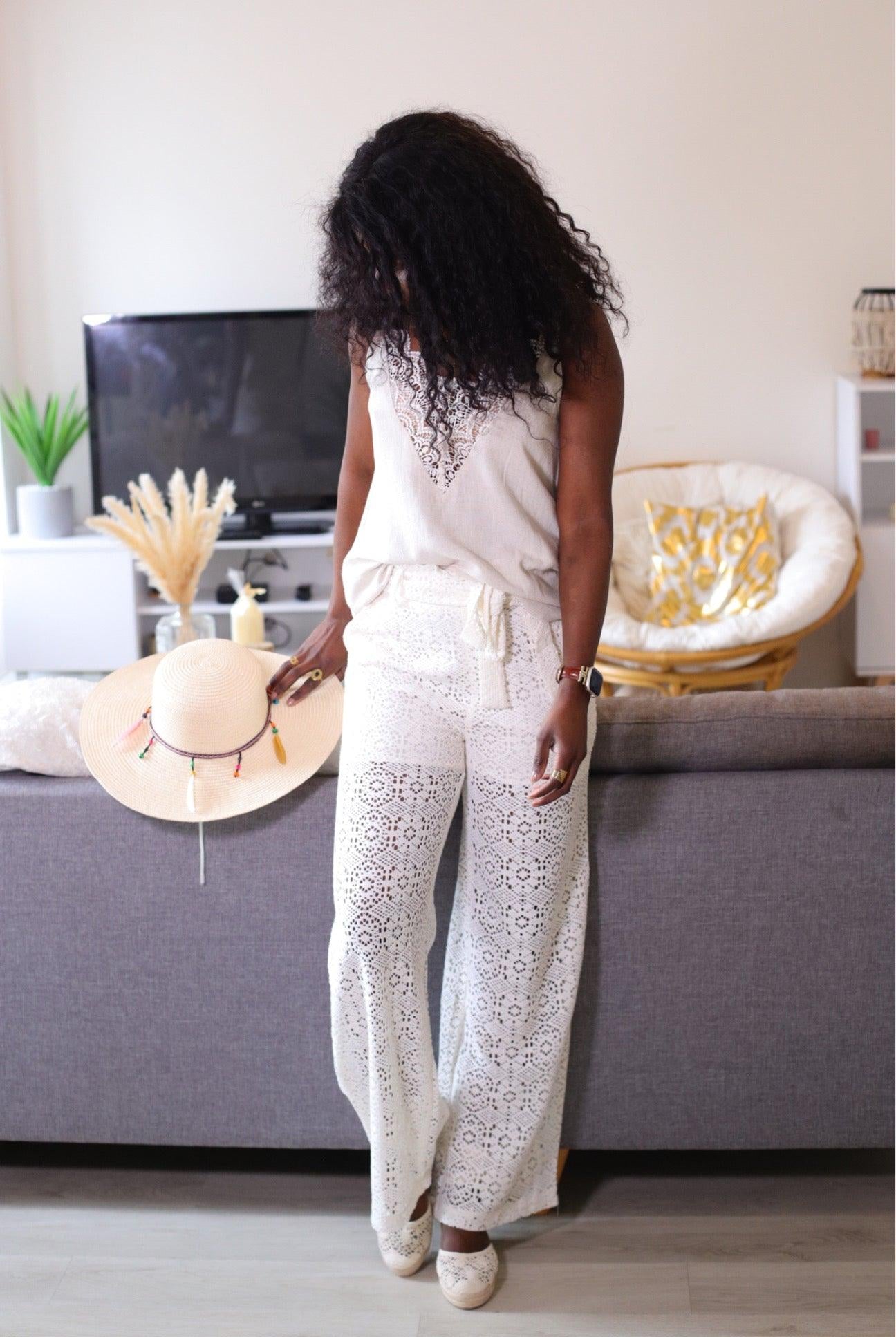 Pantalon Fluide en Coton à Crochet avec Ceinture Amovible - beautifulshop