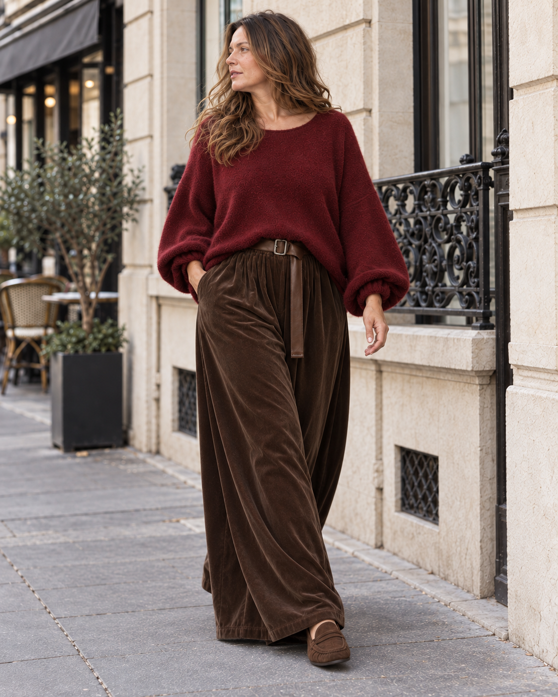 Pantalon palazzo Élise en velours – chocolat – Beautiful Shop