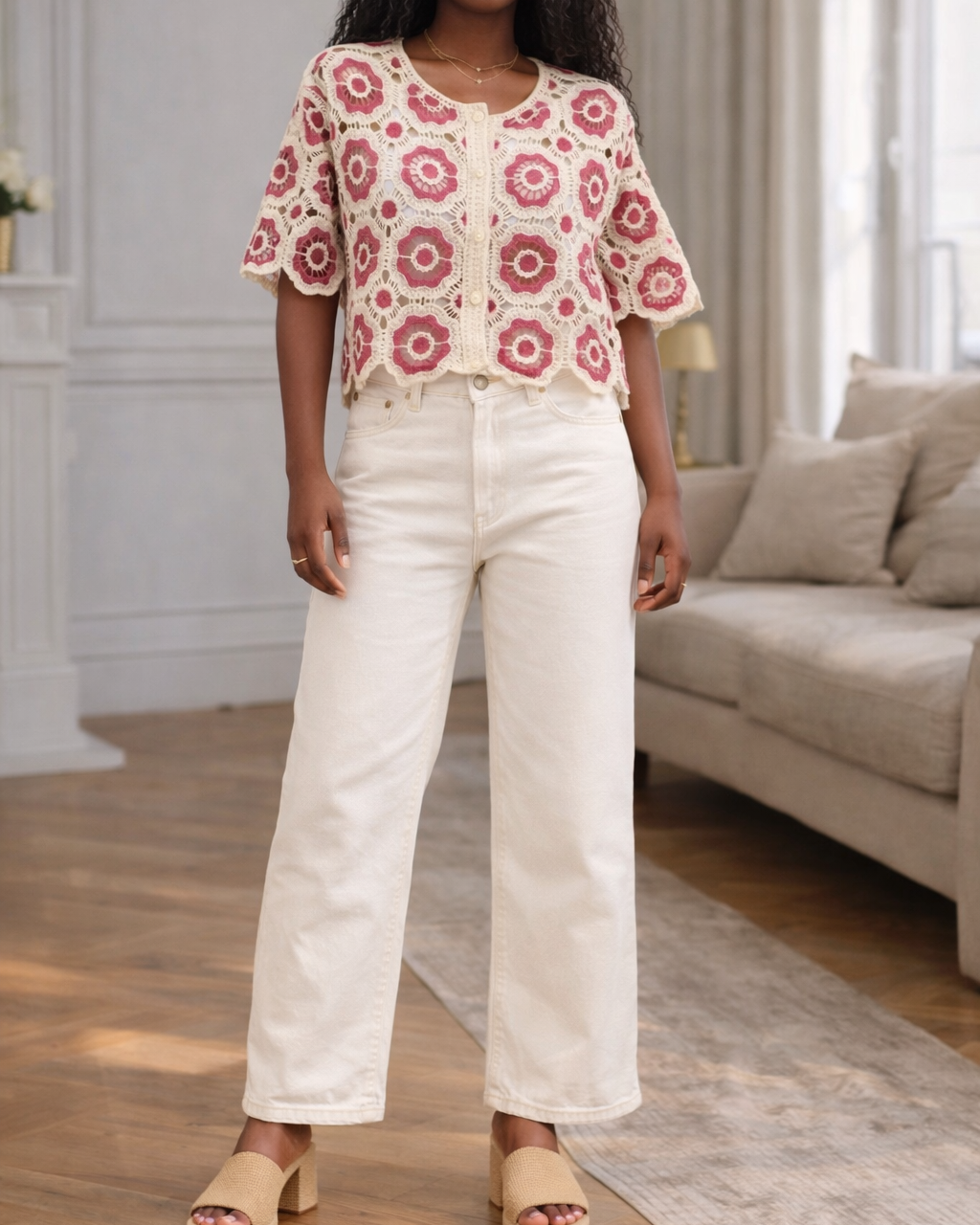 pantalon droit beige femme en coton stretch