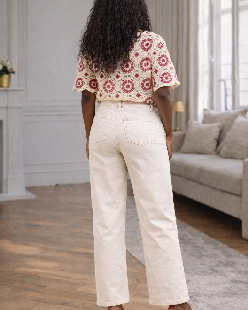 pantalon droit beige femme en coton stretch